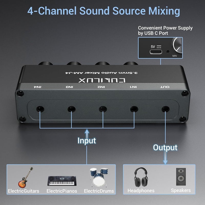 Cubilux 4-Channel 3.5mm Audio Mixer, Ultra-Low-Noise Mini Audio Mixer for Sub-Mixing, 1/8 TS/TRS Input, Stereo Switcher Suitable for Guitars, Bass, Keyboards - Image 3
